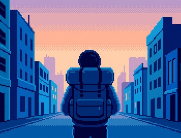 An illustration of a person seen from behind looking down a city street at dusk.