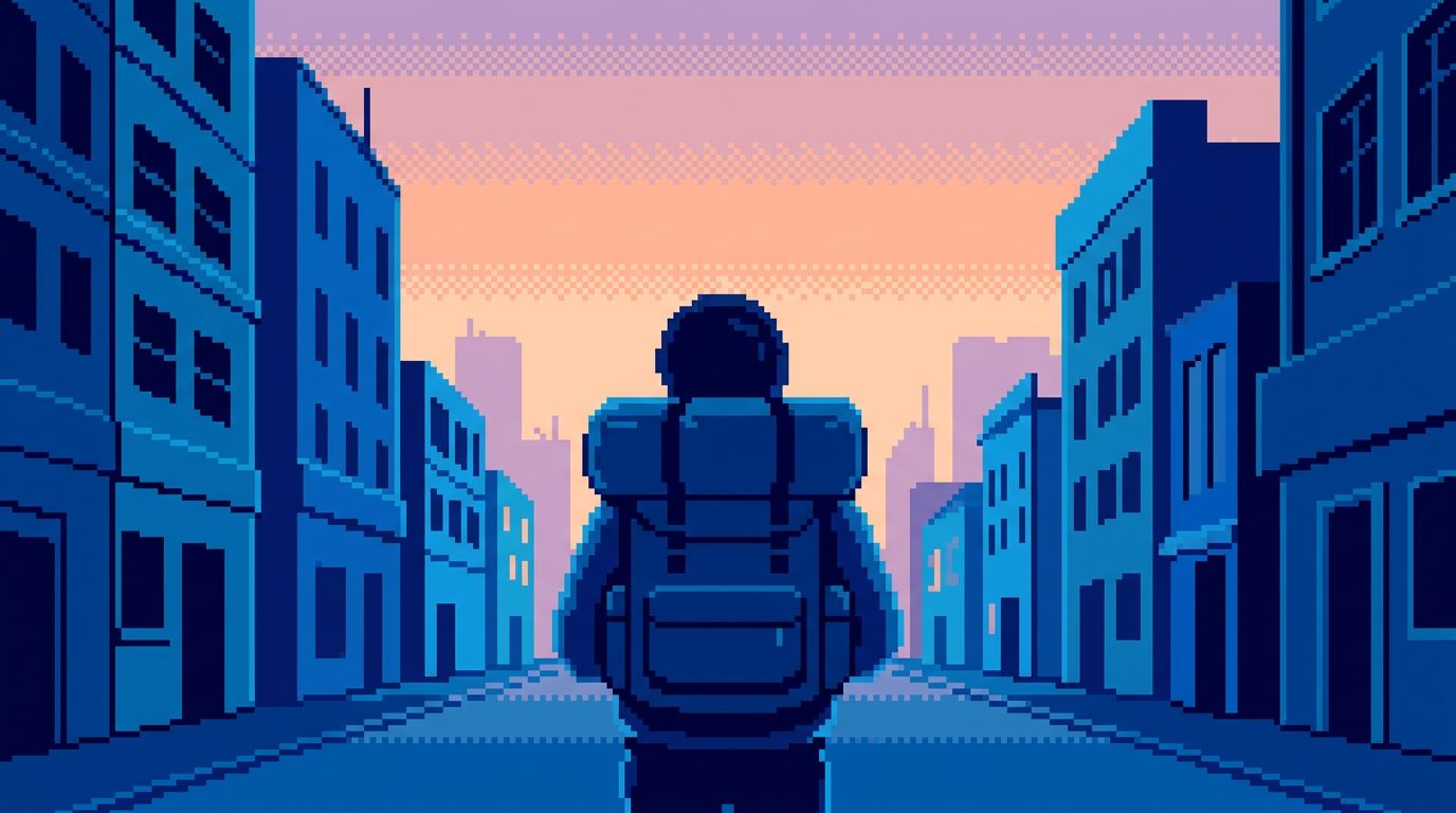 Obeid Specialize Blog Post An illustration of a person seen from behind looking down a city street at dusk.